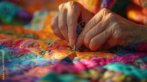 Person sewing a colorful quilt, with close-ups of fabric patterns and stitching details
