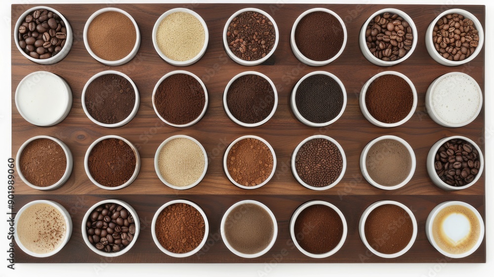 Obraz premium A vibrant assortment of spices and coffee beans is displayed in round bowls, showcasing rich colors and textures, perfect for culinary enthusiasts and chefs