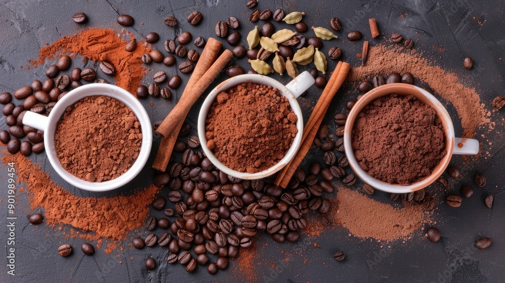 A vibrant assortment of spices and coffee beans is displayed in round bowls, showcasing rich colors and textures, perfect for culinary enthusiasts and chefs A vibrant assortment of spices and coffee beans is displayed in round bowls, showcasing rich colors and textures, perfect for culinary enthusiasts and chefs