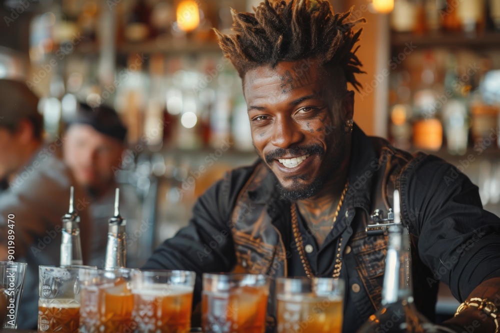 A friendly bartender with a welcoming smile serves drinks at a well-stocked bar, creating a lively atmosphere as patrons enjoy their evening with good company and drinks. A friendly bartender with a welcoming smile serves drinks at a well-stocked bar, creating a lively atmosphere as patrons enjoy their evening with good company and drinks.