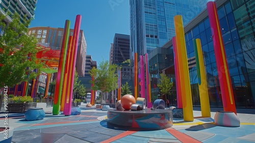 Public square with contemporary art installations and interactive elements © Ibad