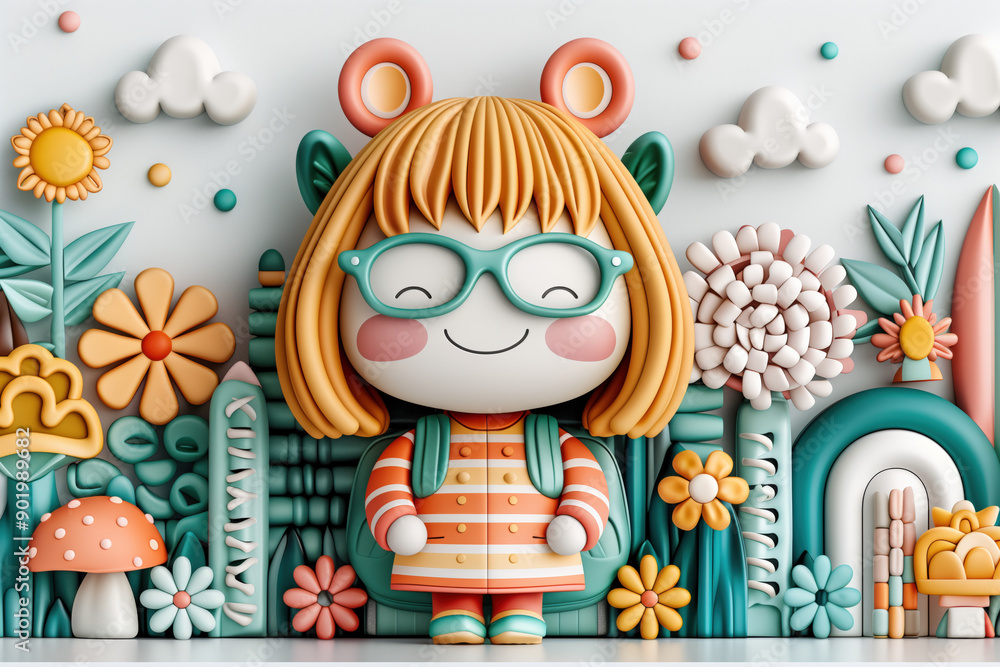Naklejka premium Whimsical 3D Girl with Glasses in Nature. A delightful illustration of a girl with glasses, surrounded by colorful flowers and nature elements, perfect for children's themes.