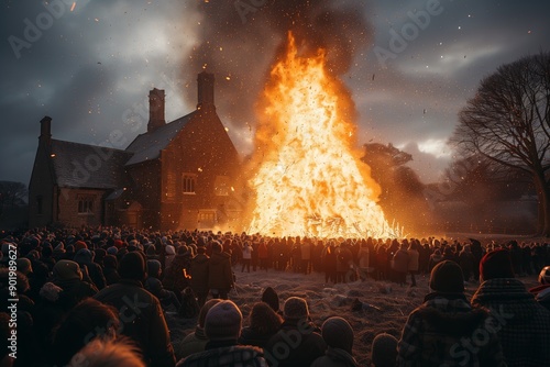 Massive Bonfire Ignites at Twilight Outdoor Festival Near Historic Manor House With Enthusiastic Crowd