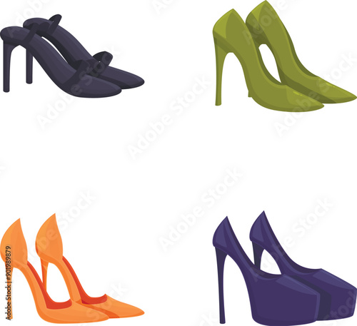 Set of four fashionable highheeled shoes in various designs and colors