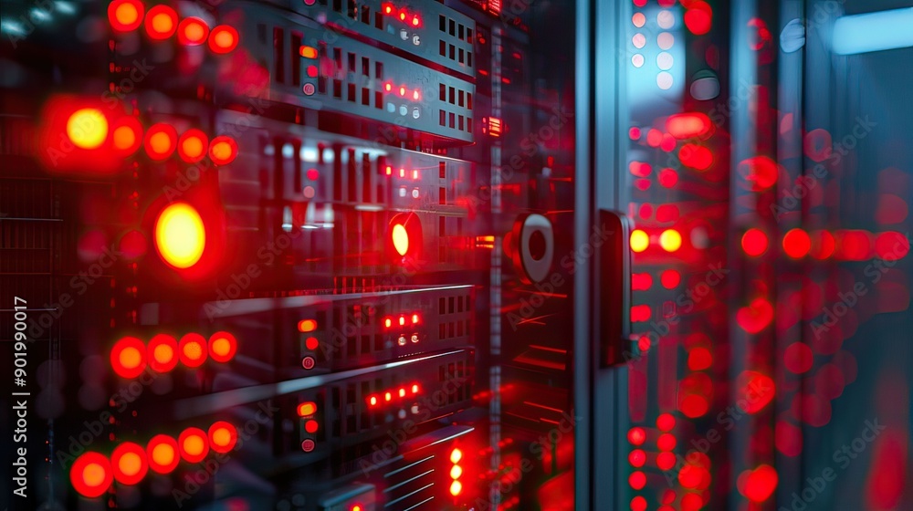 Obraz premium Data Center Server Rack With Red Indicators at Night