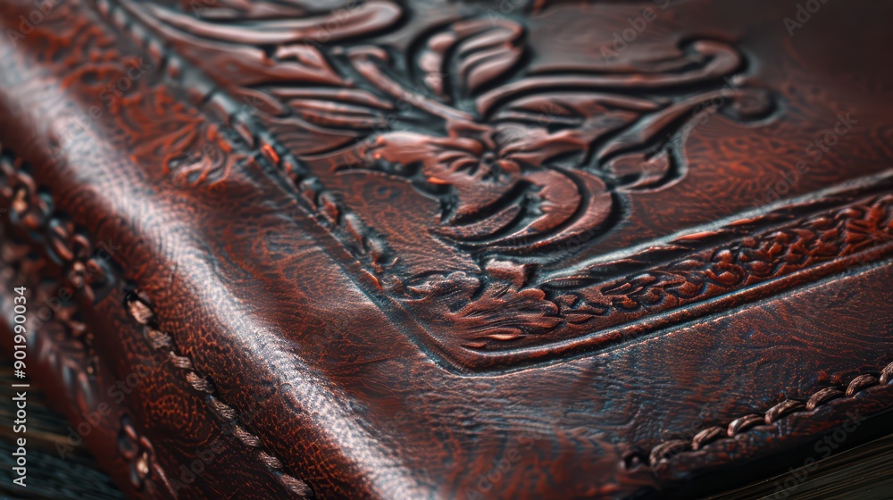 A handmade leather journal with intricate embossing and hand-stitched binding, A handmade leather journal with intricate embossing and hand-stitched binding,