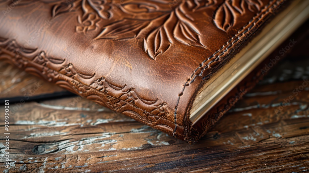 A handmade leather journal with intricate embossing and hand-stitched binding, A handmade leather journal with intricate embossing and hand-stitched binding,