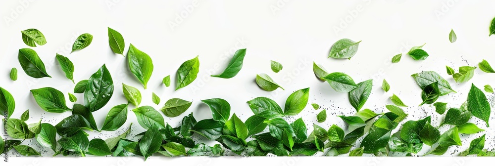 Obraz premium Vibrant Green Leaves Falling Gracefully on a Clean White Background During Autumn Transition