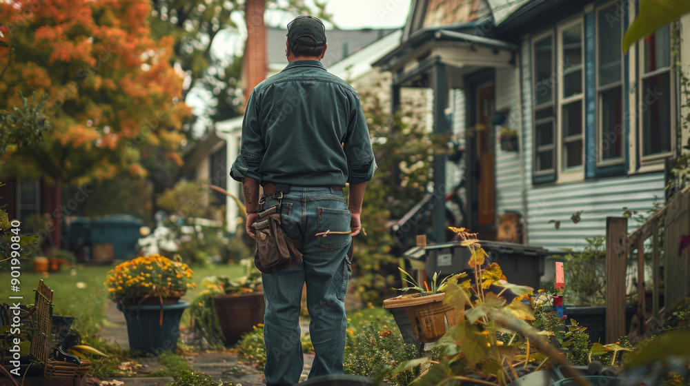 A gardener stands in a backyard garden with tools, ready to begin gardening tasks among colorful plants and flowers. A gardener stands in a backyard garden with tools, ready to begin gardening tasks among colorful plants and flowers.
