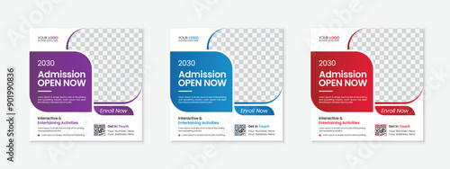 School admission open social media post design, back-to-school promotion square banner layout template, educational Instagram and Facebook post kit, high-quality web banner for enrollment ads bundle