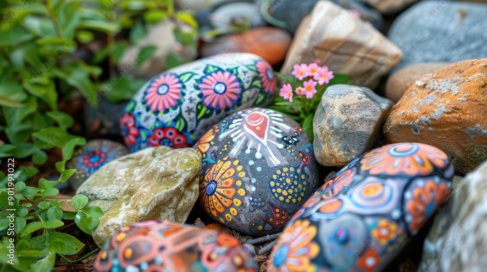 A hand-painted rock garden, with colorful and whimsical designs A hand-painted rock garden, with colorful and whimsical designs