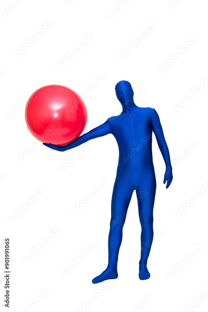Mysterious blue man in blue suit exercise with pilates ball Mysterious blue man in blue suit exercise with pilates ball