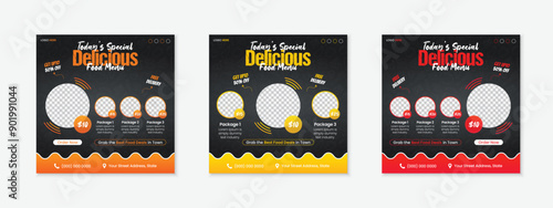 Fast food restaurant social media post design template bundle, professional abstract ads design with 3 colors for online sale promotion business marketing, food menu burger pizza square banner poster