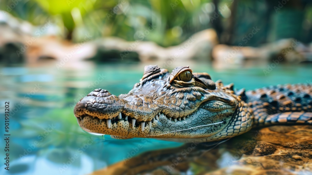 Fototapeta premium A baby alligator is swimming in a pool