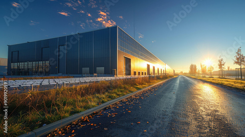 An expansive industrial warehouse bathed in the golden light of sunrise, highlighting its modern architecture. © khonkangrua