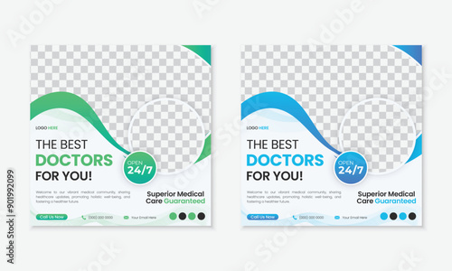 Modern medical healthcare social media post templates, ads promotion marketing square web banner designs for hospitals clinics doctors and health services, new editable bundle set with gradient colors