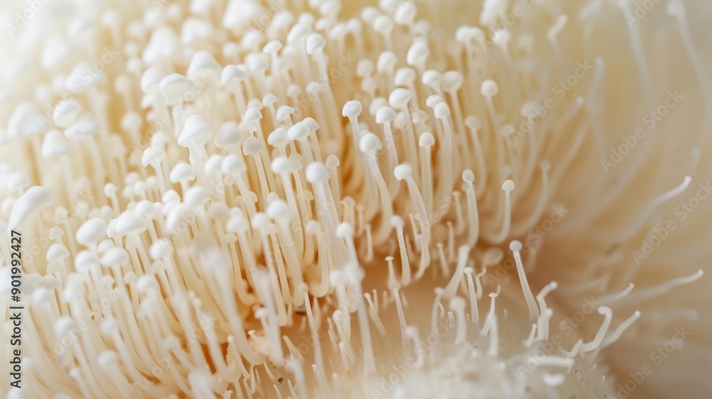 Close-up of delicate white enoki mushrooms, showcasing intricate textures and natural beauty. Close-up of delicate white enoki mushrooms, showcasing intricate textures and natural beauty.