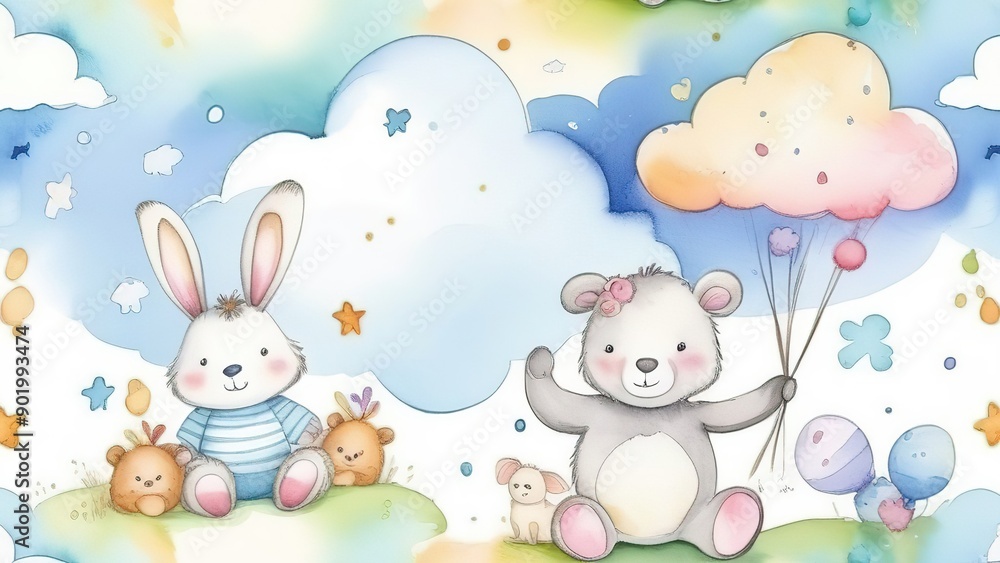 Seamless pattern with cartoon clouds, magical bunny bear toys and stars. Watercolor children's hand drawn illustration on white background for wallpaper, bed linen Seamless pattern with cartoon clouds, magical bunny bear toys and stars. Watercolor children's hand drawn illustration on white background for wallpaper, bed linen