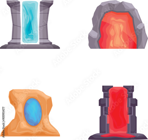 Collection of four colorful, stylized fantasy portals, perfect for game design or creative projects photo