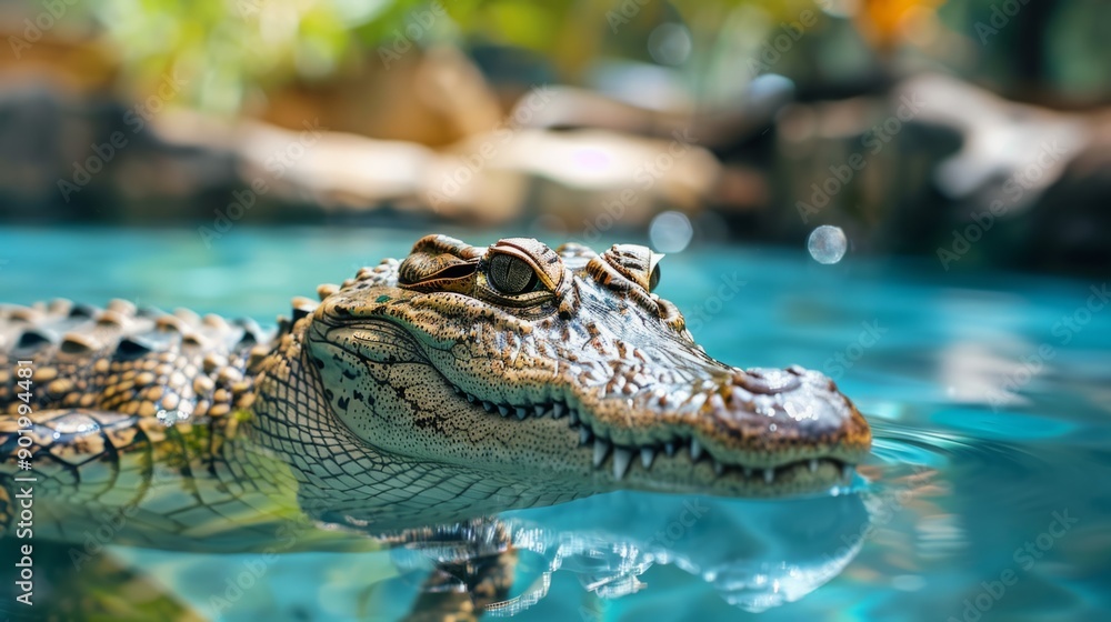 Fototapeta premium A crocodile is swimming in a body of water
