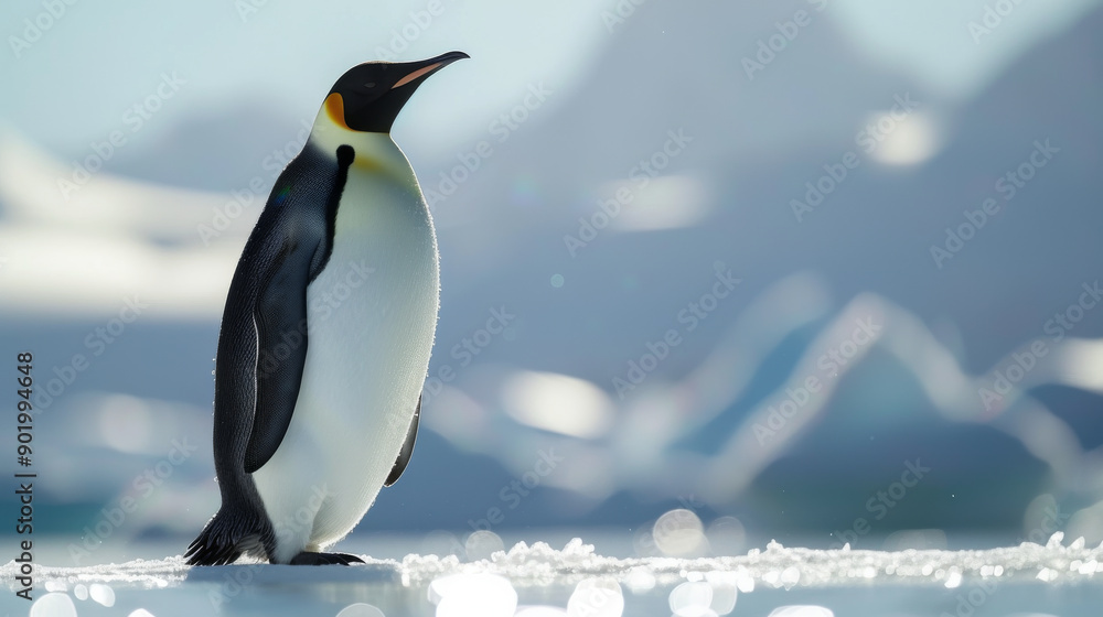 Obraz premium Emperor penguin standing on ice with blurred snowy mountains in the background, wildlife and nature photography