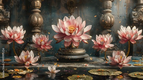 Serene portrayal of the mythological Hindu goddess Lakshmi seated on a lotus flower radiating wealth prosperity and divine beauty surrounded by auspicious symbols photo