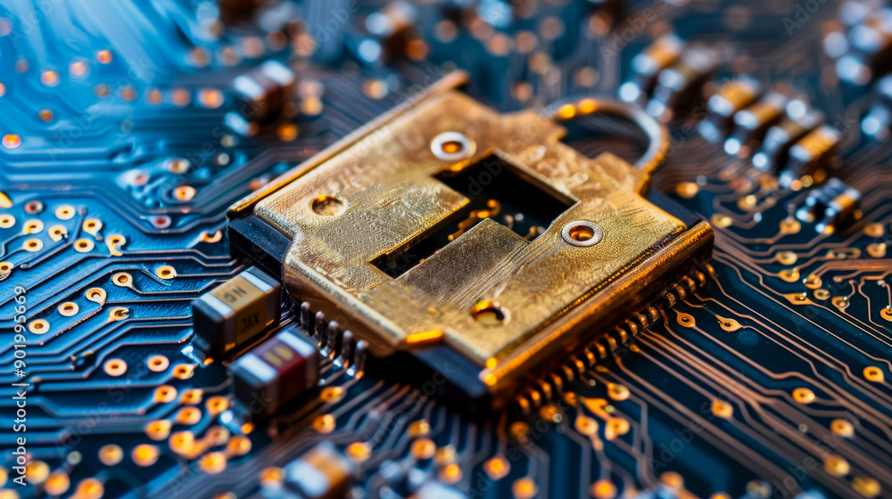 Fototapeta premium Close-Up of a Lock on a Circuit Board Representing Cybersecurity