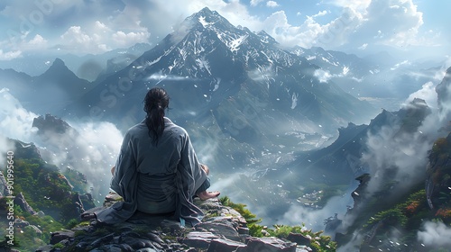 Serene scene of the mythological Japanese Tengu a birdlike spirit meditating on a mountain peak embodying the themes of spirituality and martial skill photo