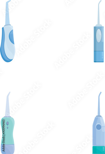 Collection of four stylized vector illustrations of water flossers for dental hygiene
