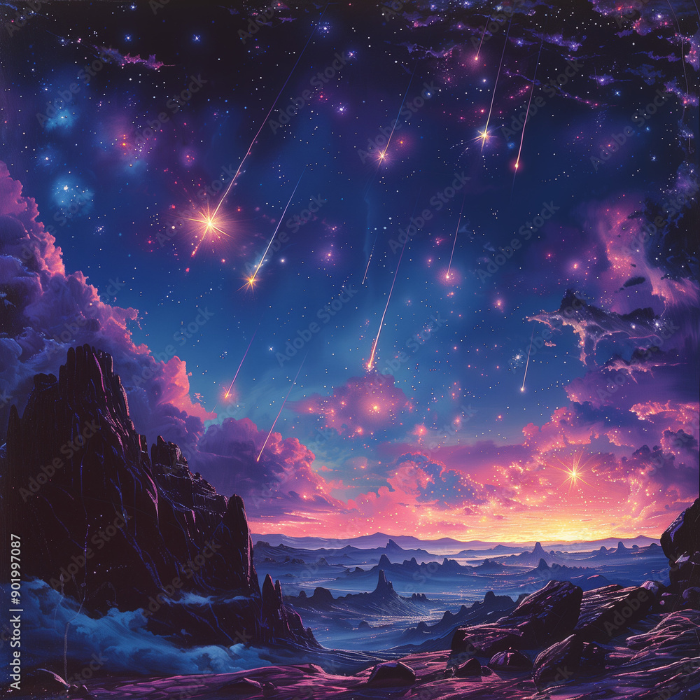 Shooting Stars on a Dark Violet Firmament: Midnight Sky Spectacles Captured Shooting Stars on a Dark Violet Firmament: Midnight Sky Spectacles Captured