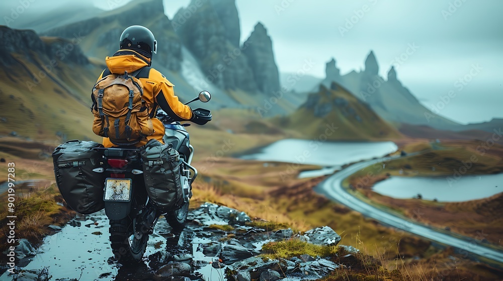 Solo European man on a motorbike adventure through the scenic landscapes of the Isle of Skye Scotland Solo European man on a motorbike adventure through the scenic landscapes of the Isle of Skye Scotland
