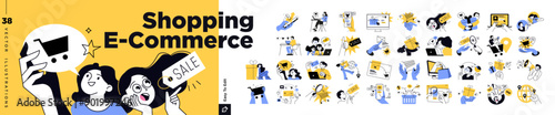 Shopping and ecommerce concept illustrations. Vector illustrations of online shopping, ecommerce, sale, social media, internet marketing, online store, for graphic and web design.