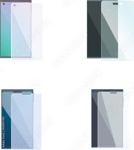 Vector illustration of various smartphone screen protectors on white background