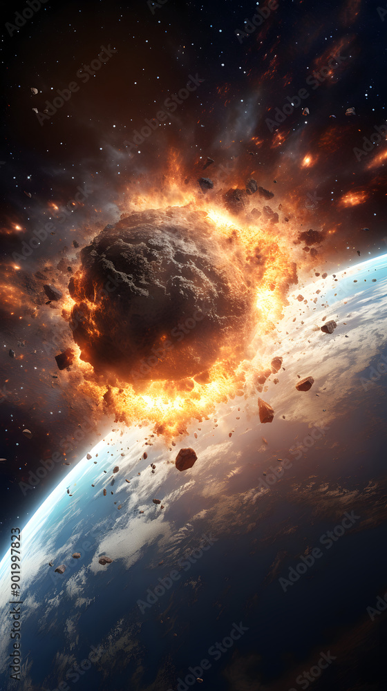 A fiery asteroid hurtles towards Earth, leaving a trail of debris and flames in its wake. A fiery asteroid hurtles towards Earth, leaving a trail of debris and flames in its wake.