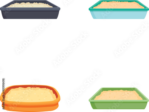 Vector illustration of four litter boxes in different colors, isolated on white background