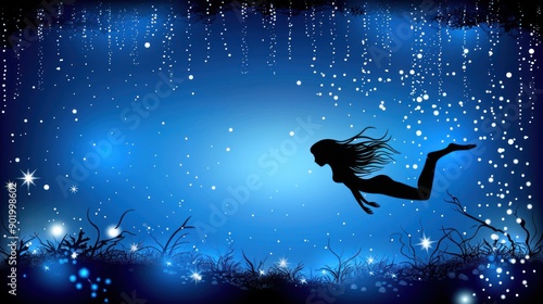 A mermaid swimming in the ocean surrounded by sparkling stars and sea foam.