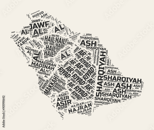Saudi Arabia Word Cloud. Country with regions division. Saudi Arabia typographic text clouds vector image design. Vintage gazette style country shape image. Artistic vector illustration.