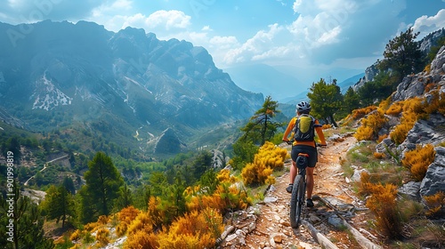 Solo European woman on a mountain bike navigating the trails of the Rhodope mountains Bulgaria photo