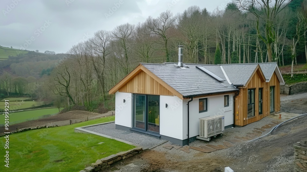 A contemporary house with wooden accents sits amidst trees and green grass under a cloudy sky, showcasing the beauty of modern architecture in nature A contemporary house with wooden accents sits amidst trees and green grass under a cloudy sky, showcasing the beauty of modern architecture in nature