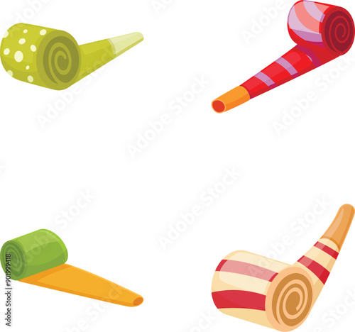 Vector illustration of four festive party blowers in various colors and patterns