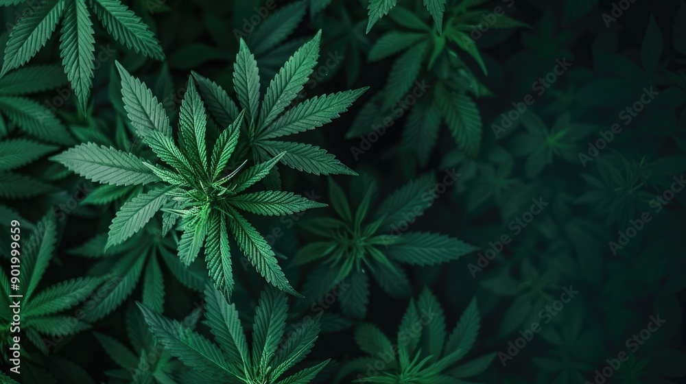 Selective focus horizontal top view of cannabis plant with copy space Selective focus horizontal top view of cannabis plant with copy space