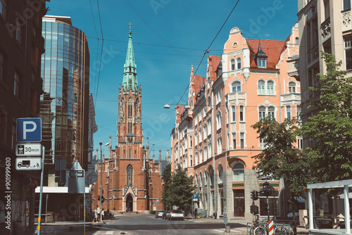 View of the old Riga Evangelical Lutheran Church of St. Gertrude, patroness of all travelers. Riga, Latvia.