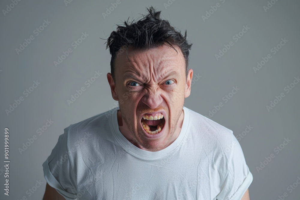 Angry man with messy hair in white shirt screaming. Intense facial expression. Close-up portrait with neutral background. Conceptual people photography. Depicting strong emotion. Generative AI Angry man with messy hair in white shirt screaming. Intense facial expression. Close-up portrait with neutral background. Conceptual people photography. Depicting strong emotion. Generative AI