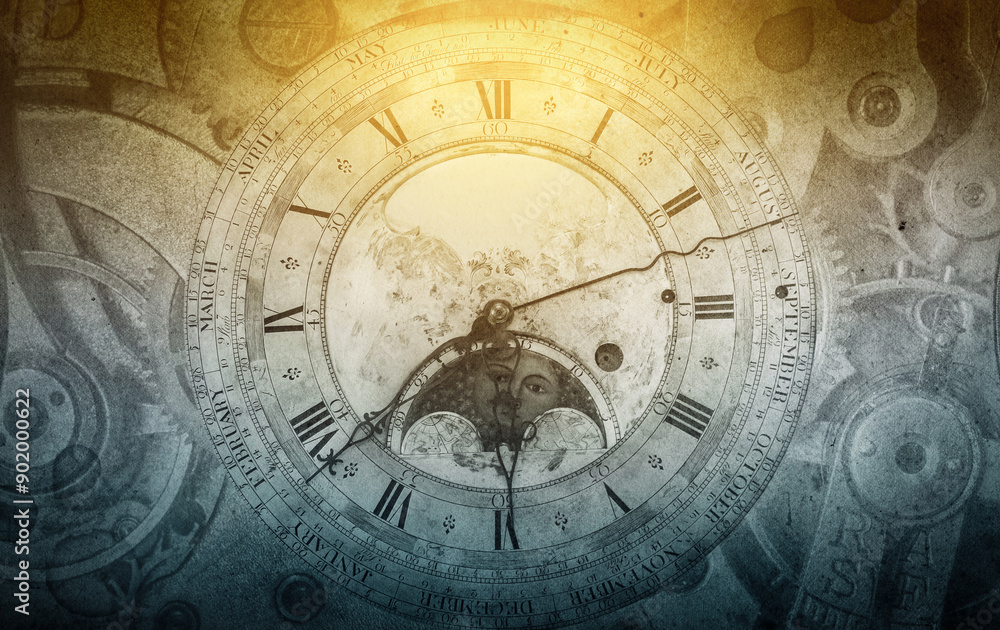 The dials of the old antique classic clocks on a vintage wide paper background. Concept of time, history, science, memory, information. Retro style. Vintage clockwork background. The dials of the old antique classic clocks on a vintage wide paper background. Concept of time, history, science, memory, information. Retro style. Vintage clockwork background.