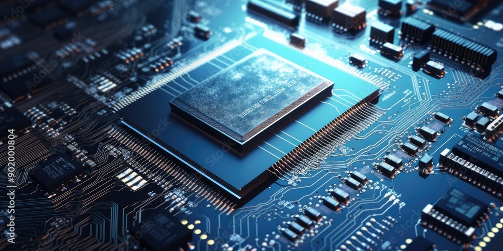 closeup on an advanced GPU ram microchip or cpu of a powerful computer board for artificial intelligence technology closeup on an advanced GPU ram microchip or cpu of a powerful computer board for artificial intelligence technology