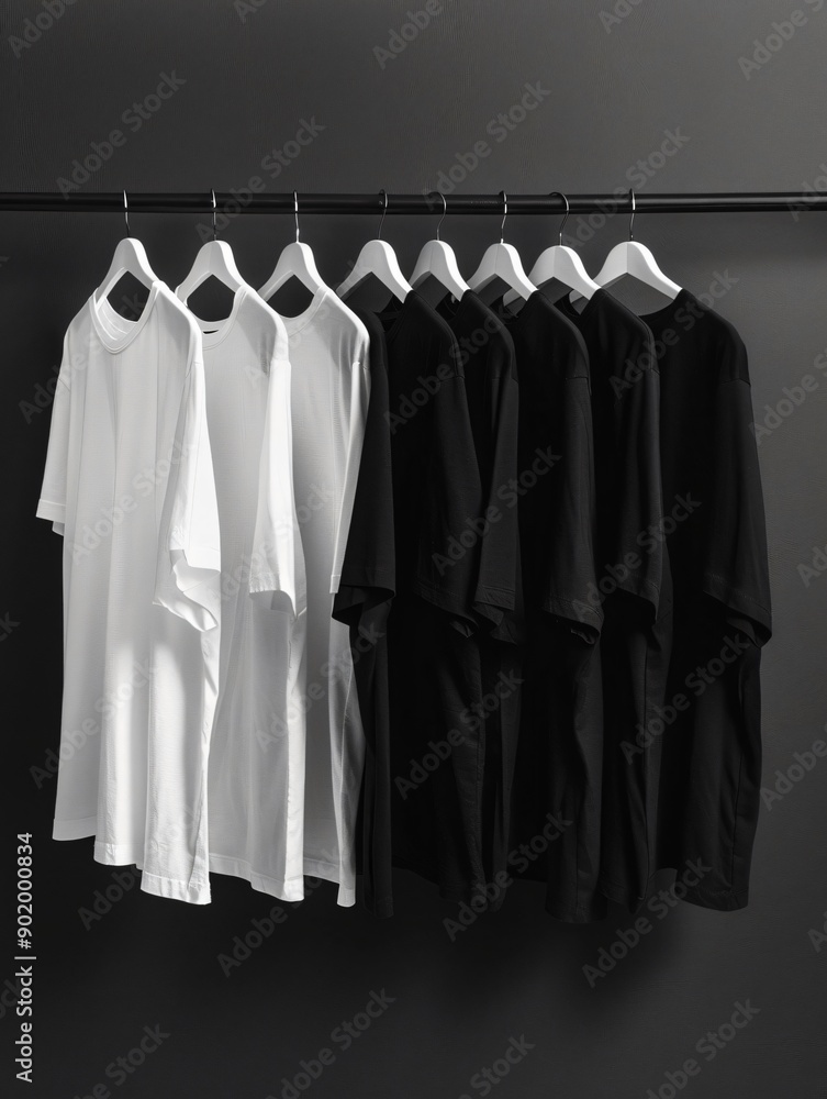 Black and white cotton t-shirts displayed on hangers on a clothes rack against a dark backdrop Black and white cotton t-shirts displayed on hangers on a clothes rack against a dark backdrop