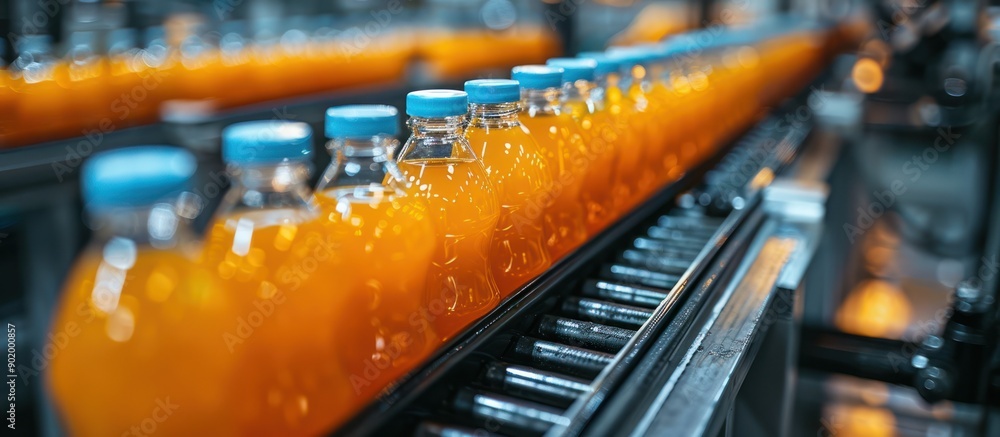 Orange Juice Bottles Moving on Conveyor Belt in Factory Orange Juice Bottles Moving on Conveyor Belt in Factory