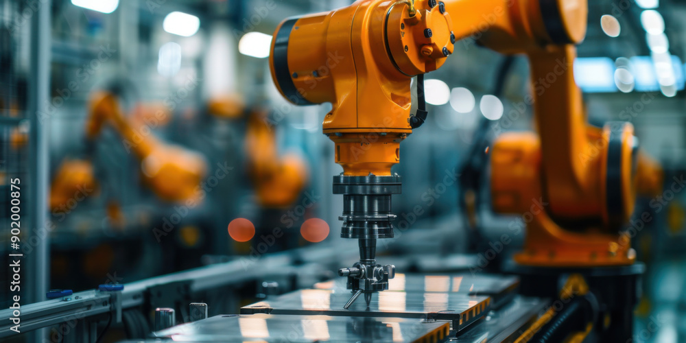 Close-up of an industrial robotic arm working on an automated assembly line in a modern manufacturing facility. Close-up of an industrial robotic arm working on an automated assembly line in a modern manufacturing facility.