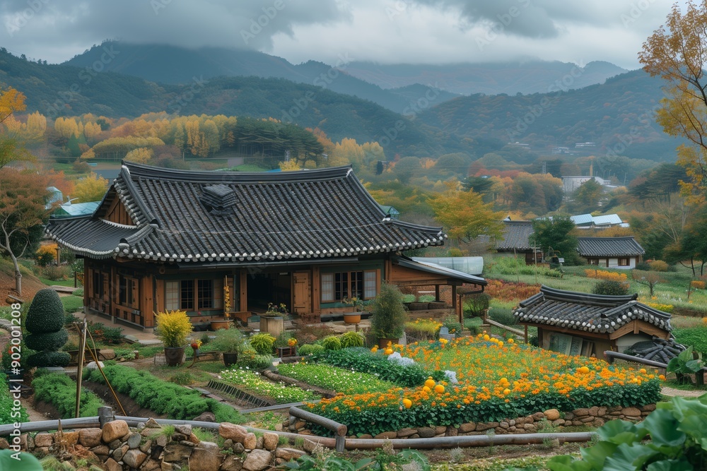 Fototapeta premium Traditional Korean House Surrounded by Colorful Gardens in Scenic Autumn Landscape