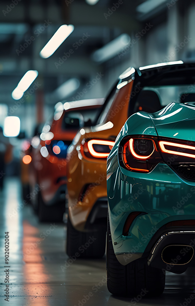 A close up of a cars parked on a car showroom at night. bokeh car showroom on background A close up of a cars parked on a car showroom at night. bokeh car showroom on background